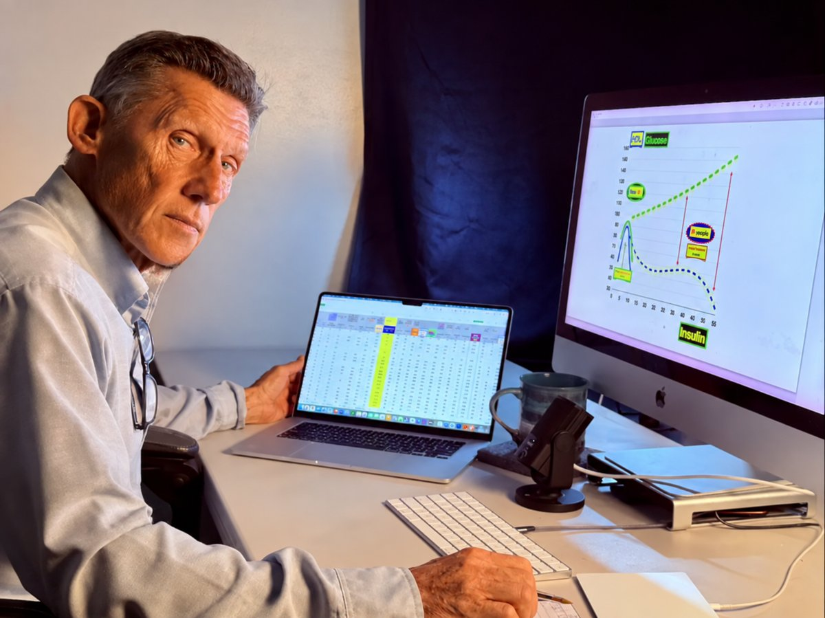 Dr. Karl Goldkamp at his desk reviewing a client lab spreadsheet alongside a plotted HDL and glucose curve