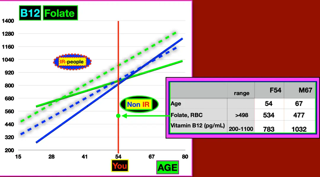 B12 and folate plotted against age, showing separate curves for insulin resistant and non insulin resistant people