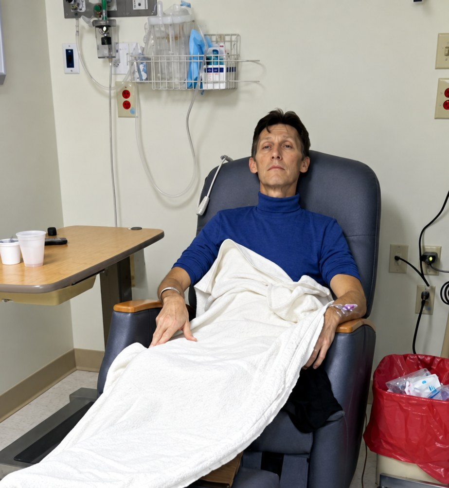 Karl Goldkamp receiving a blood transfusion in 2012, gaunt, an IV line in his hand